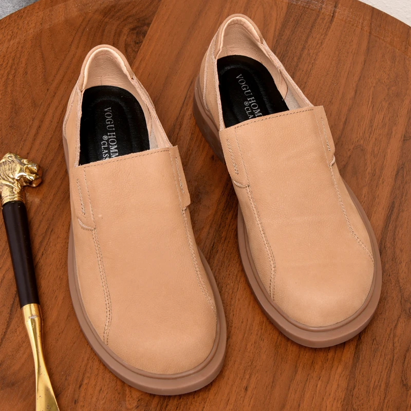 ICCLEK磨砂皮软皮防滑高端男鞋2025新款手工厚底休闲皮鞋一脚蹬