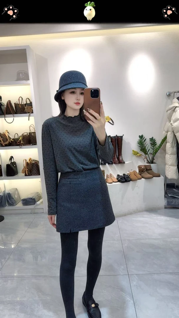 新款木耳边 点点半高领磨毛T恤打底上衣7002