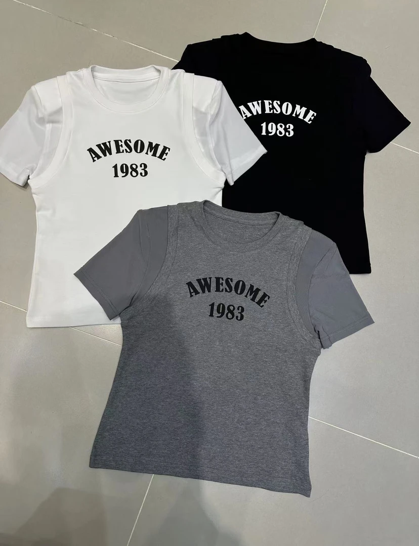 深圳南油高货huan百搭春夏修身宽松上衣短袖印花时尚灰色显瘦t恤