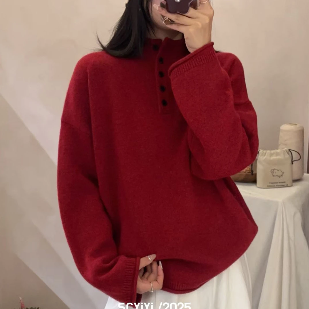 新品～100纯山羊绒加厚半扣宽松休闲毛衣