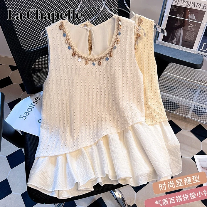 拉夏贝尔波西米亚镂空假两件时尚衫女夏季新款度假风独特无袖上衣