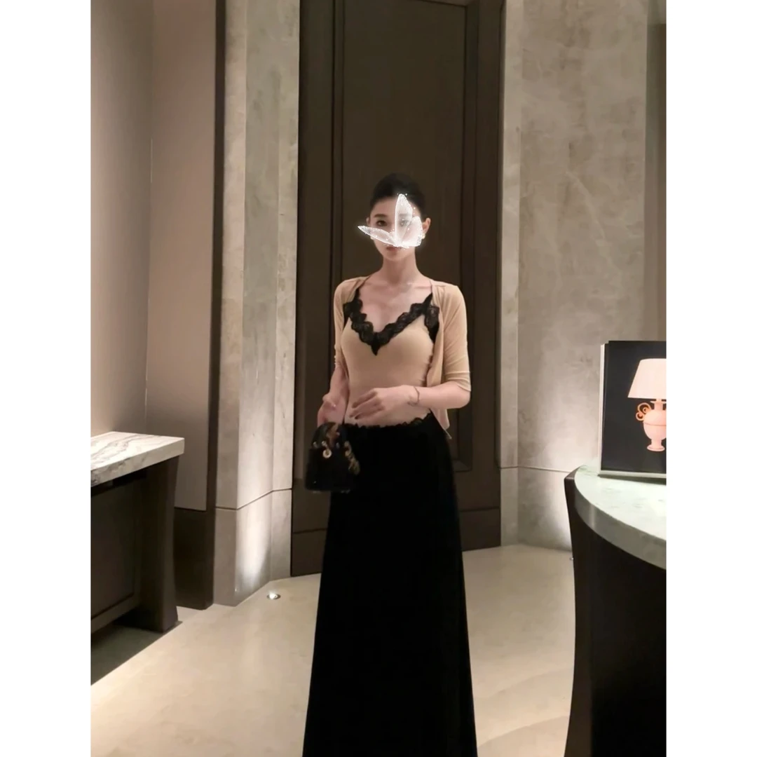 法式纯欲吊带V领蕾丝收腰长裙半袖开衫套装（无胸垫）