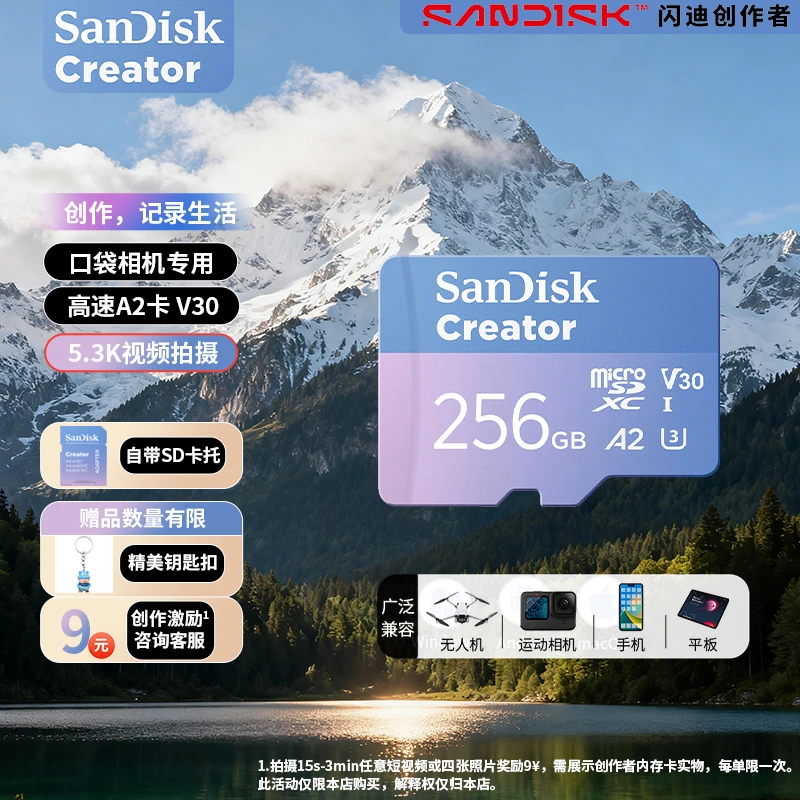 Sandisk/闪迪256G高速5.3K大疆内存卡创作者TF卡无人相机摄影