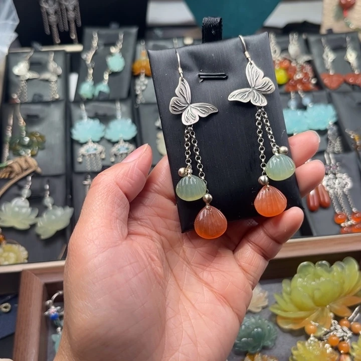 蛇纹石玉耳饰银S925镶嵌