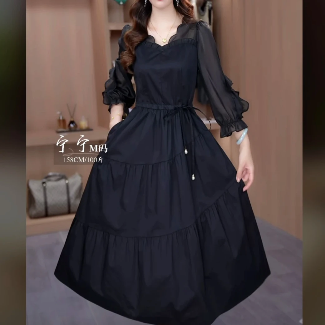 芙优雅新款气质时尚大气减龄黑色收腰显瘦女装连衣裙中长款春秋季