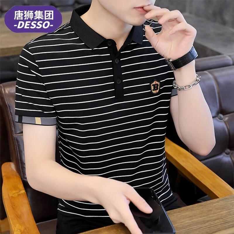 唐狮旗下DESSO男士翻领半袖polo衫夏季商务休闲帅气条纹短袖t恤男