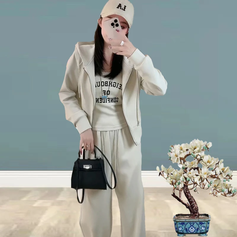 555590洋气时尚运动连帽外套+小衫+阔腿裤2025早春新款休闲三件套