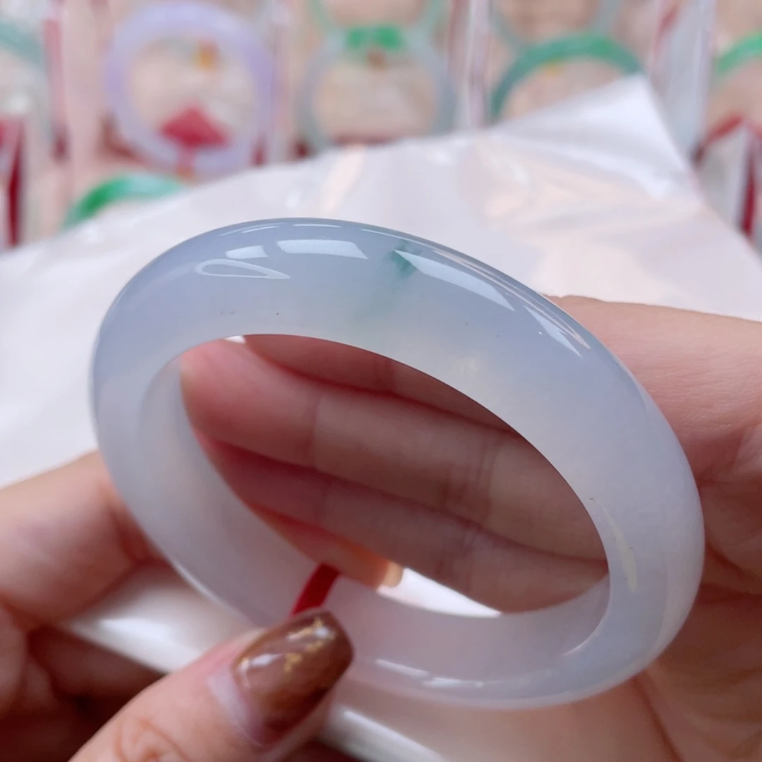 未镶嵌手镯翡翠57正圈 白冰飘花 荔枝果冻胶底 冰胶细润8