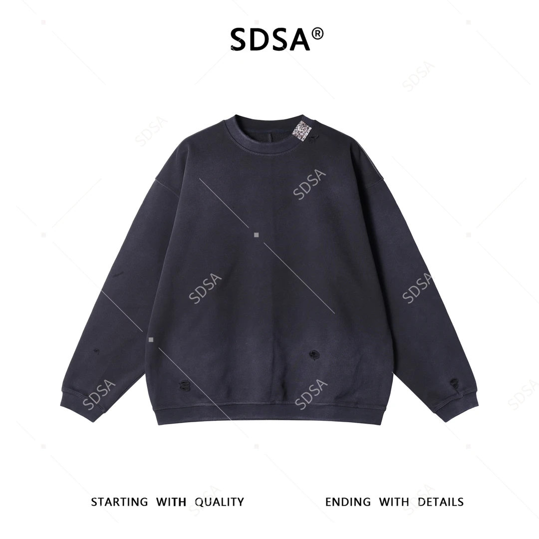 SDSA男士秋冬新款痞帅男装设计感磨破印花时尚圆领卫衣百搭宽松
