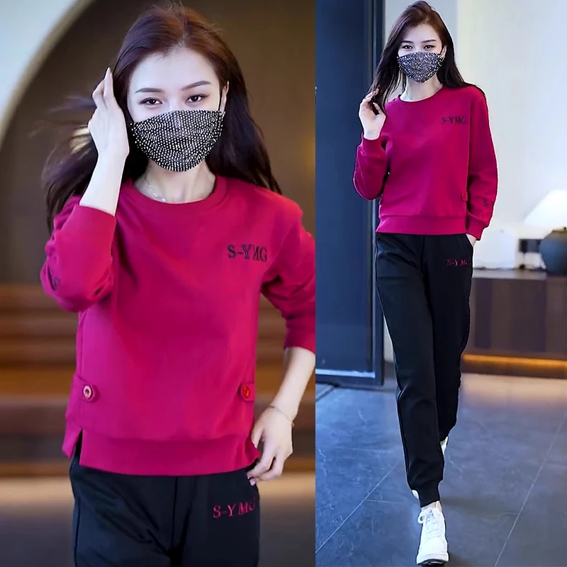 休闲圆领卫衣套装女2025年春秋冬季加绒加厚新款韩版运动服两件套