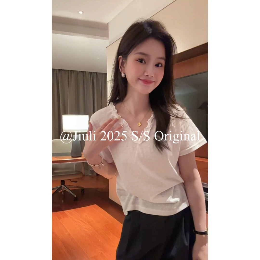 九莉【时光T】雪花棉 夏季韩系木耳边V领显瘦短袖T恤