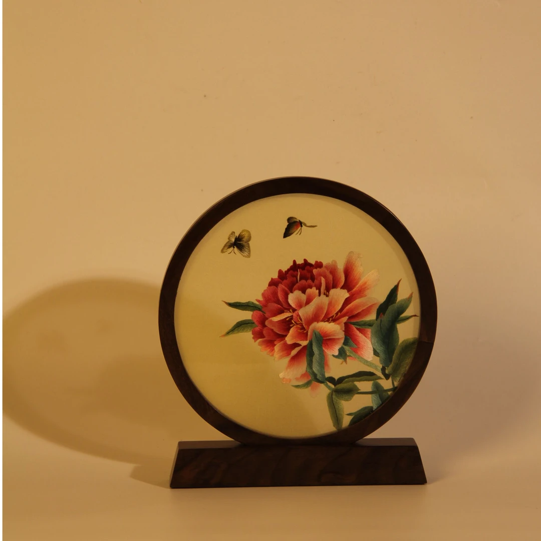 纯手工牡丹蝴蝶双面苏绣精品摆件客厅玄关送人必备摆件锦盒包装