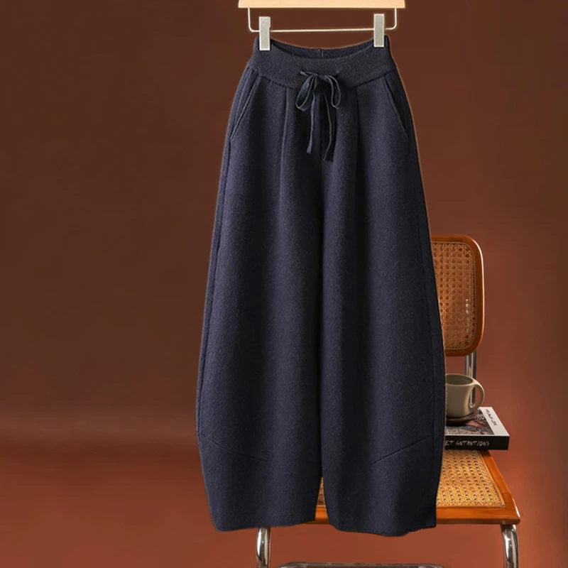 新款加厚羊毛浣熊9分阔腿裤高腰垂感时尚网红炸街新款潮牌女装