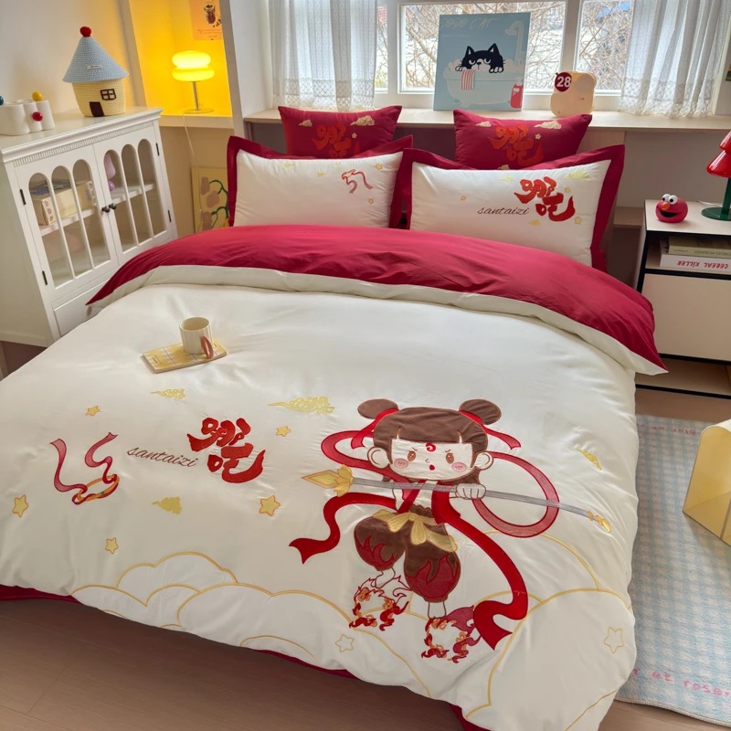 哪吒主题全棉卡通四件套 国潮风纯棉刺绣被套儿童床上用品三件套