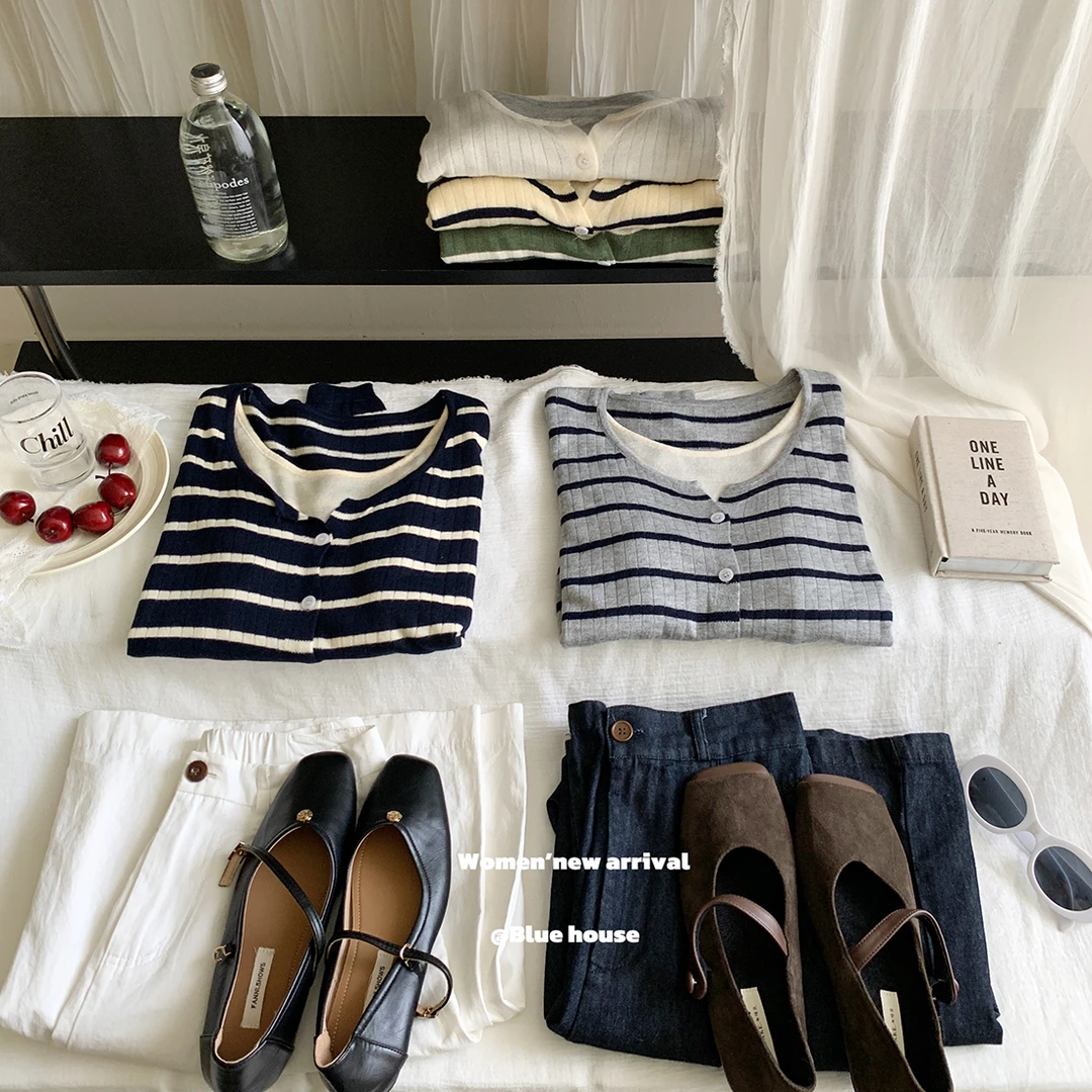 韩系简约条纹撞色假两件长袖针织开衫女秋圆领轻松细软上衣