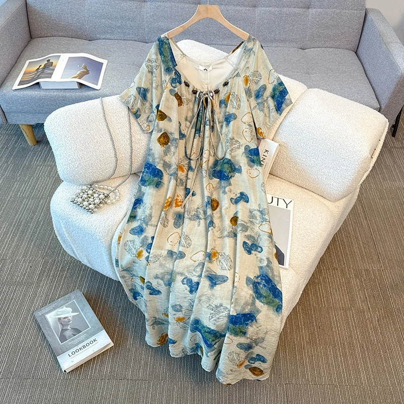 【102】130-350斤大码女装胖mm夏新款新中式复古晕染连衣裙气质串珠