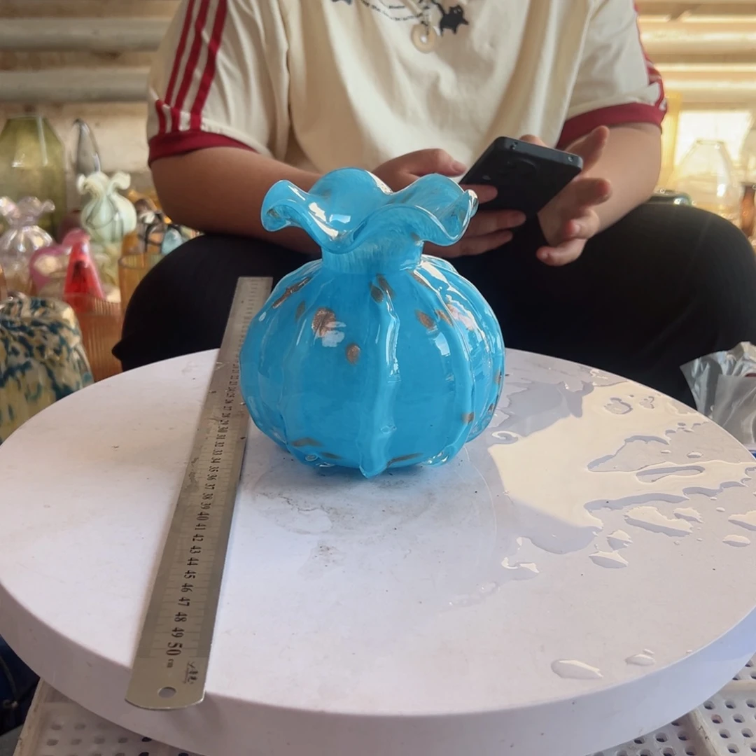 蓝色高度14琉璃花器摆件微瑕