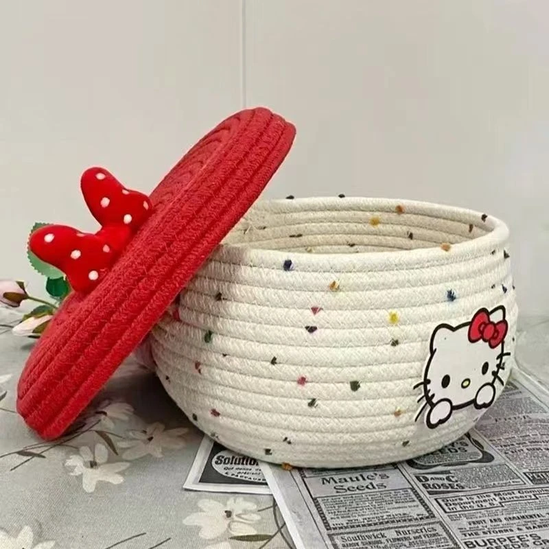 桌面收纳筐可爱KT猫棉线编织带盖收纳筐桌面零食收纳盒杂物篮xxv