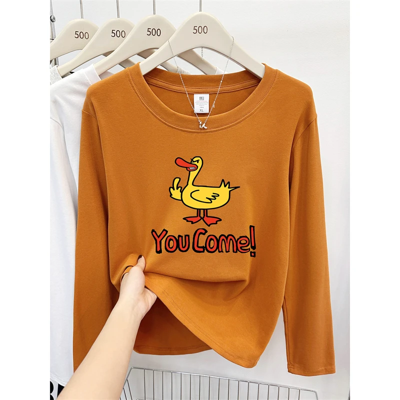 趣味鸭子印花正肩长袖T恤大码女装时尚胖mm穿搭显瘦上衣打底衫ins
