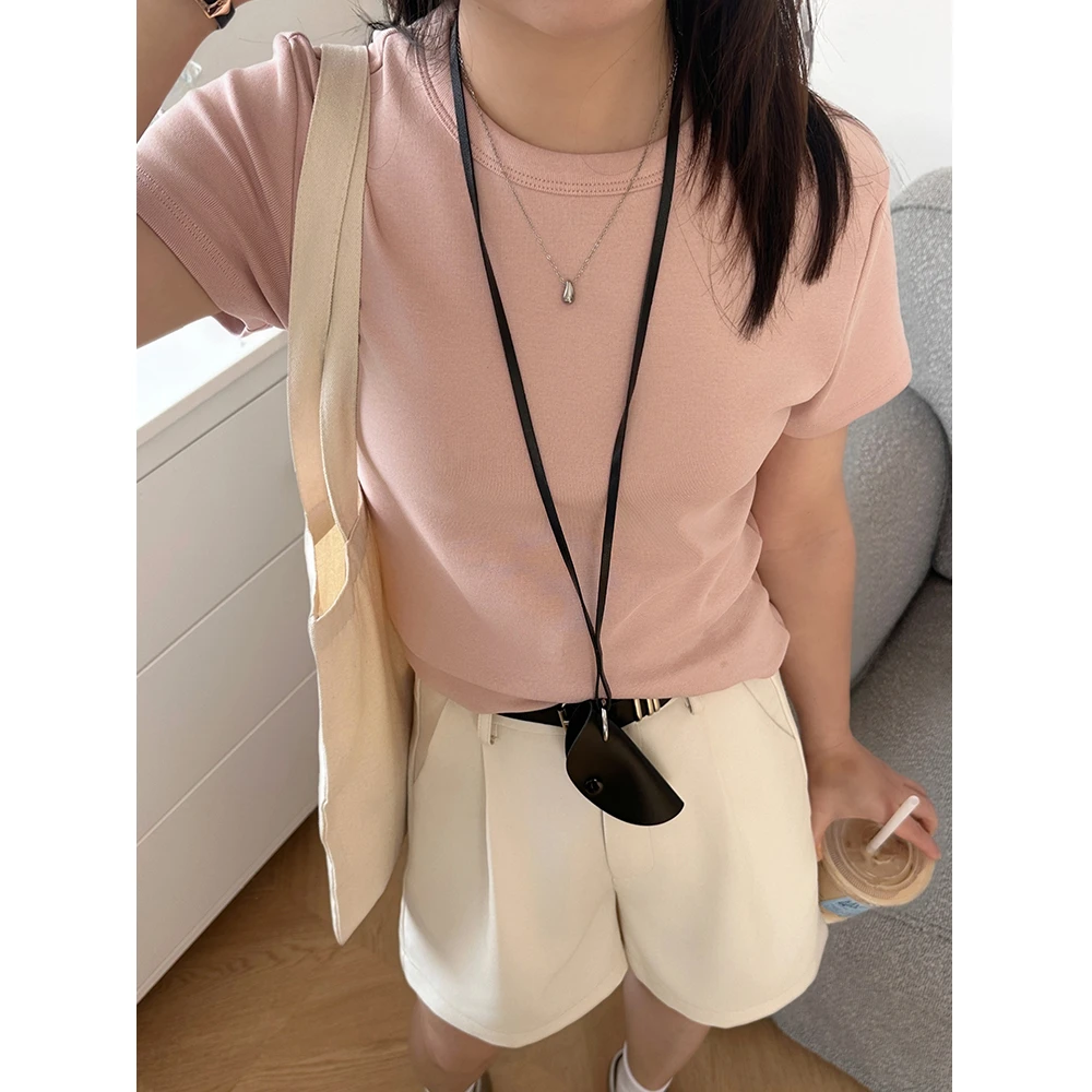 暮奈小个子修身显瘦正肩短袖T恤夏季弹力圆领净版短袖
