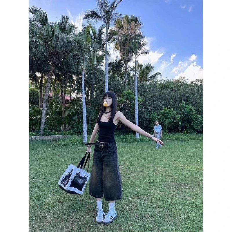 美式复古做旧水洗阔腿牛仔裤女夏季直筒宽松高腰显瘦七分牛仔裤