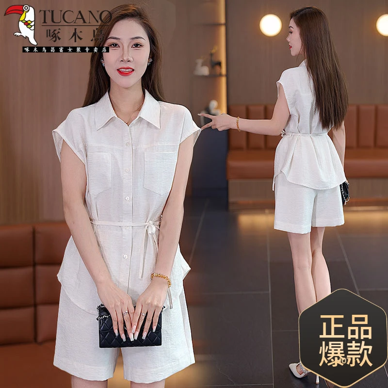 啄木鳥韩版翻领小飞袖系带衬衫短裤两件套女2025夏季新款气质显瘦