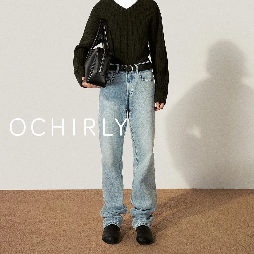 *OCHIRLY欧时力直筒牛仔长裤蓝色女宽松磨白洗水休闲显瘦春季新品