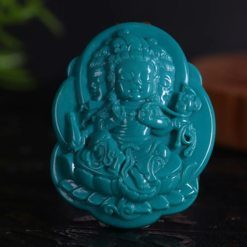 绿松石四臂绿度母吊坠天然原矿精工雕刻手工精雕项链脖挂