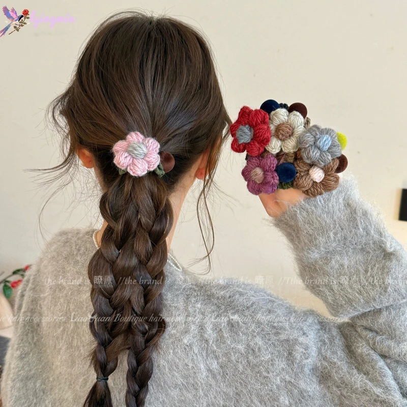 韩系温柔甜美毛线立体花朵发圈女高级感扎头发绳皮筋丸子头绳发饰