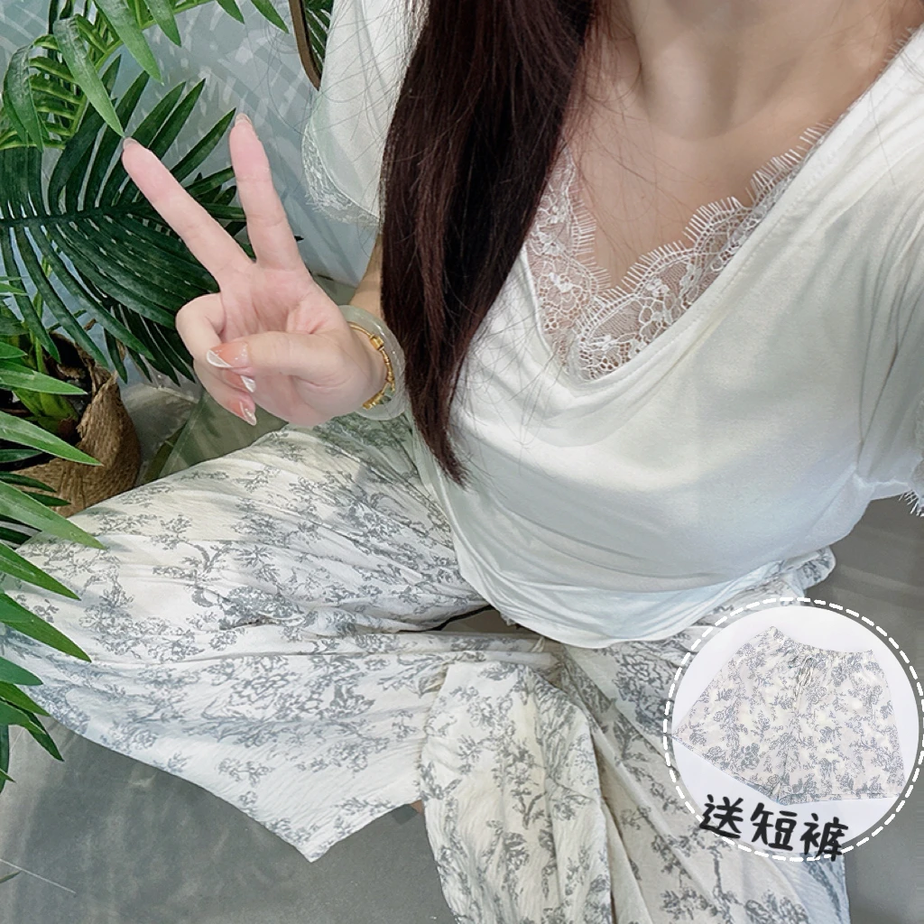 【极简】夏季带杯垫三件套V领蕾丝短袖睡衣女款2025爆款套装2371