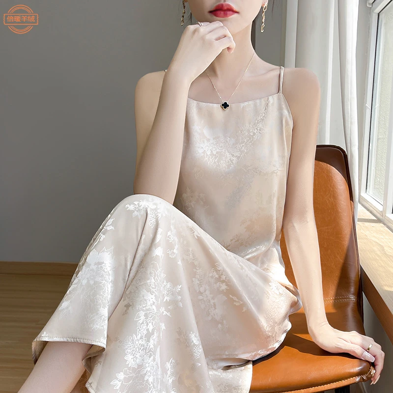 醋酸缎面提花国风连衣裙女新款夏季薄款一字领仿真丝吊带长裙子潮