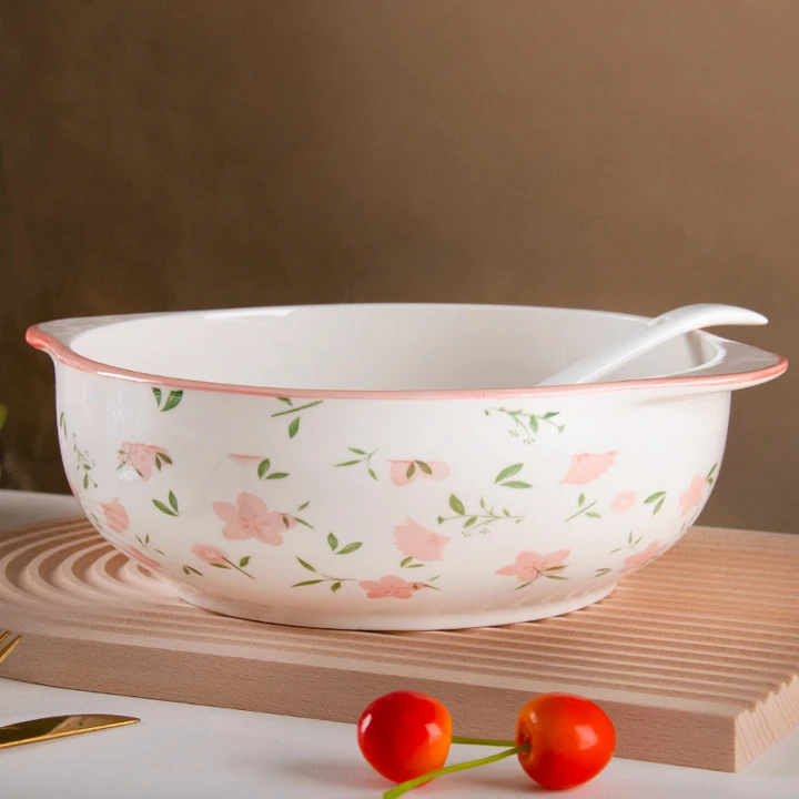 十里桃花双耳碗少女心家用陶瓷餐具10.5英双耳 ➕勺子