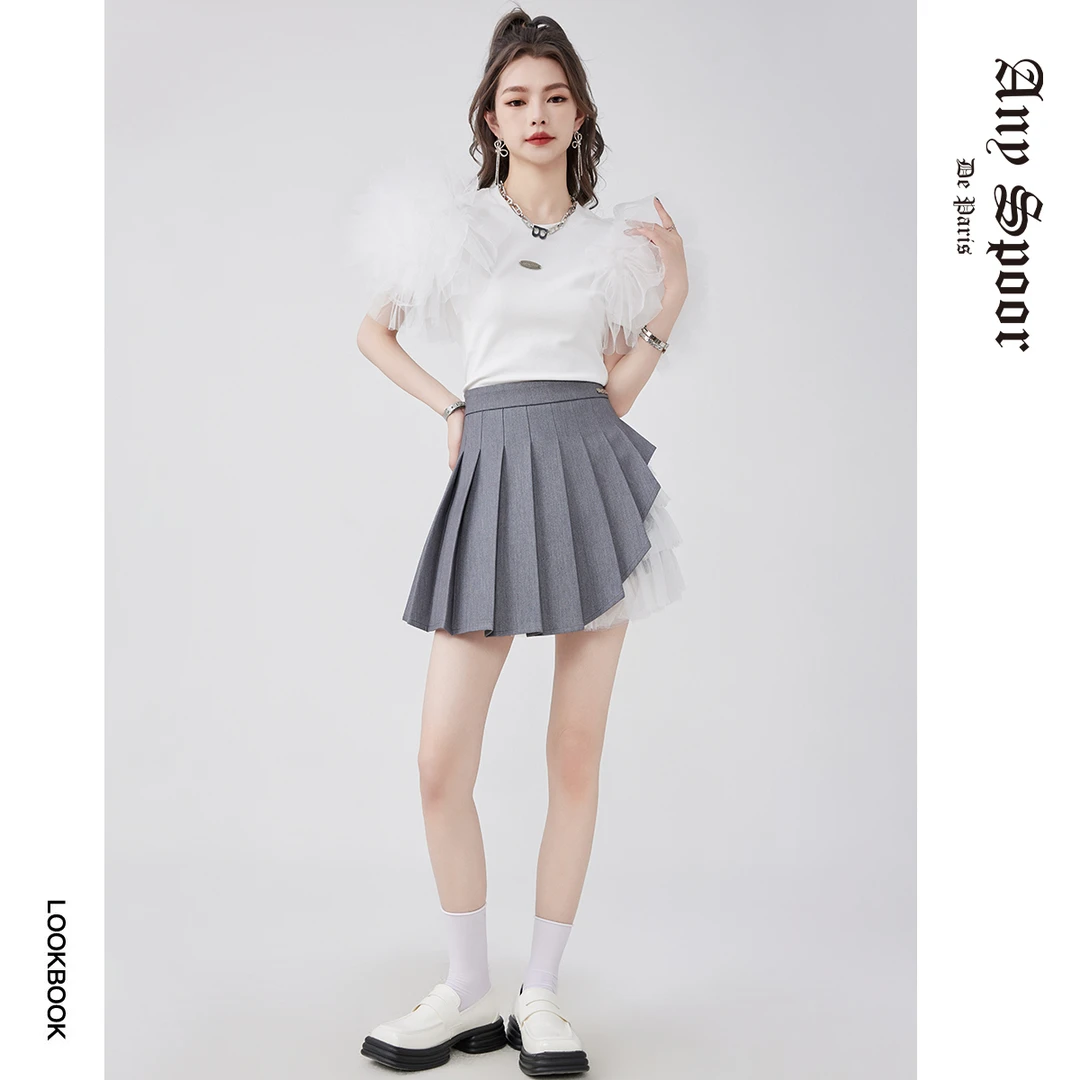 【ANY SPOOR】百搭高腰秋季短款学院风防走光灰色时尚半身裙33B22