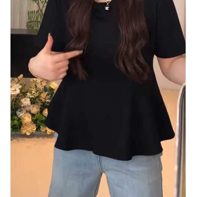 大码女装2025夏季法式荷叶边半袖上衣胖mm显瘦收腰遮肚子短袖T恤