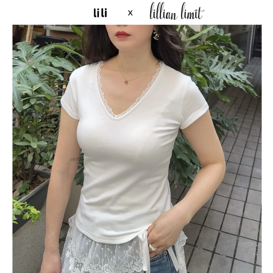 【丽丽家】蕾丝VOGUE拼接宽松型套装短袖T恤气质V领修身百搭