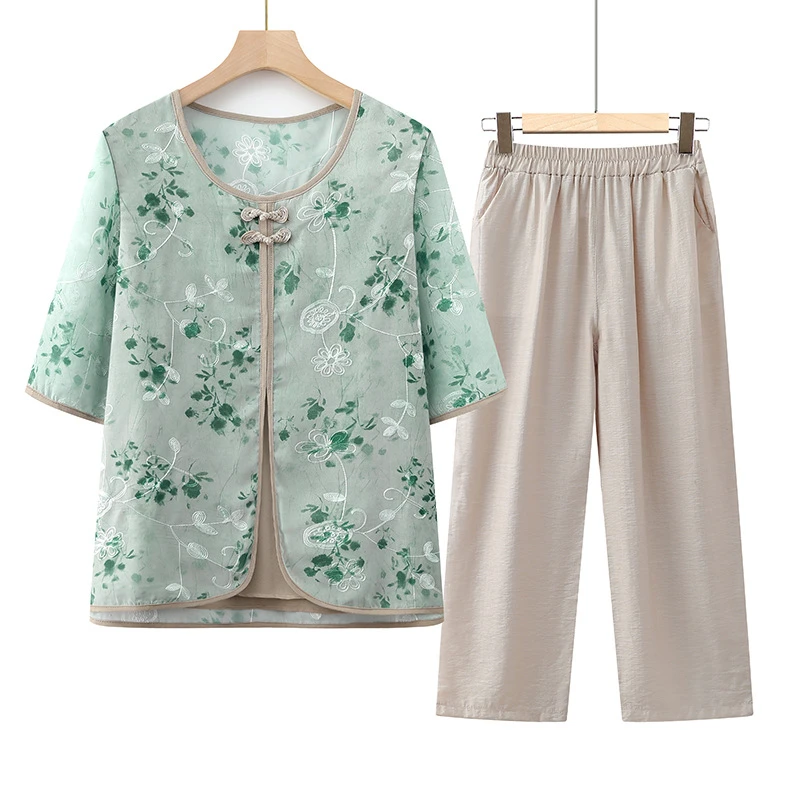 奶奶装夏季 T恤假两件中老年女装夏装小衫妈妈装休闲老人衣服套装