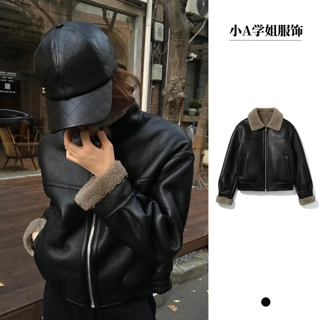 【大都会】冬季加绒老钱感百搭时尚韩版复古拼接翻领毛领短外套