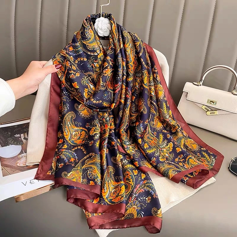 XY【金色腰果 丽锦缎长巾】90*180高档防晒女丝巾纱巾洋气时尚百搭