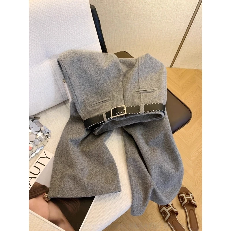 新品老钱风毛呢阔腿裤女2025秋冬韩系配腰带显瘦西装裤垂感直筒裤