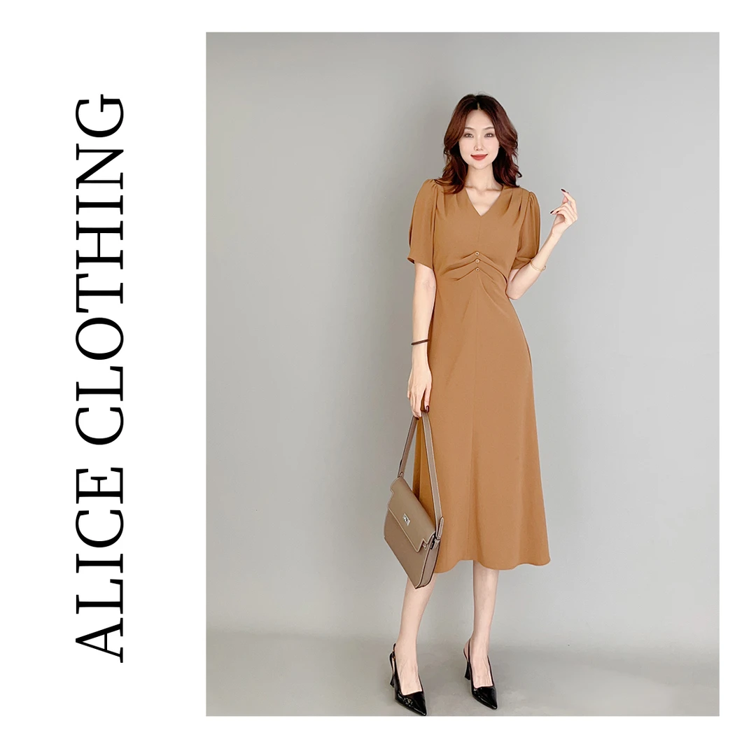 1ALICE “冰奶茶”醋酸连衣裙褶皱显瘦 丝滑垂顺 H2137951W
