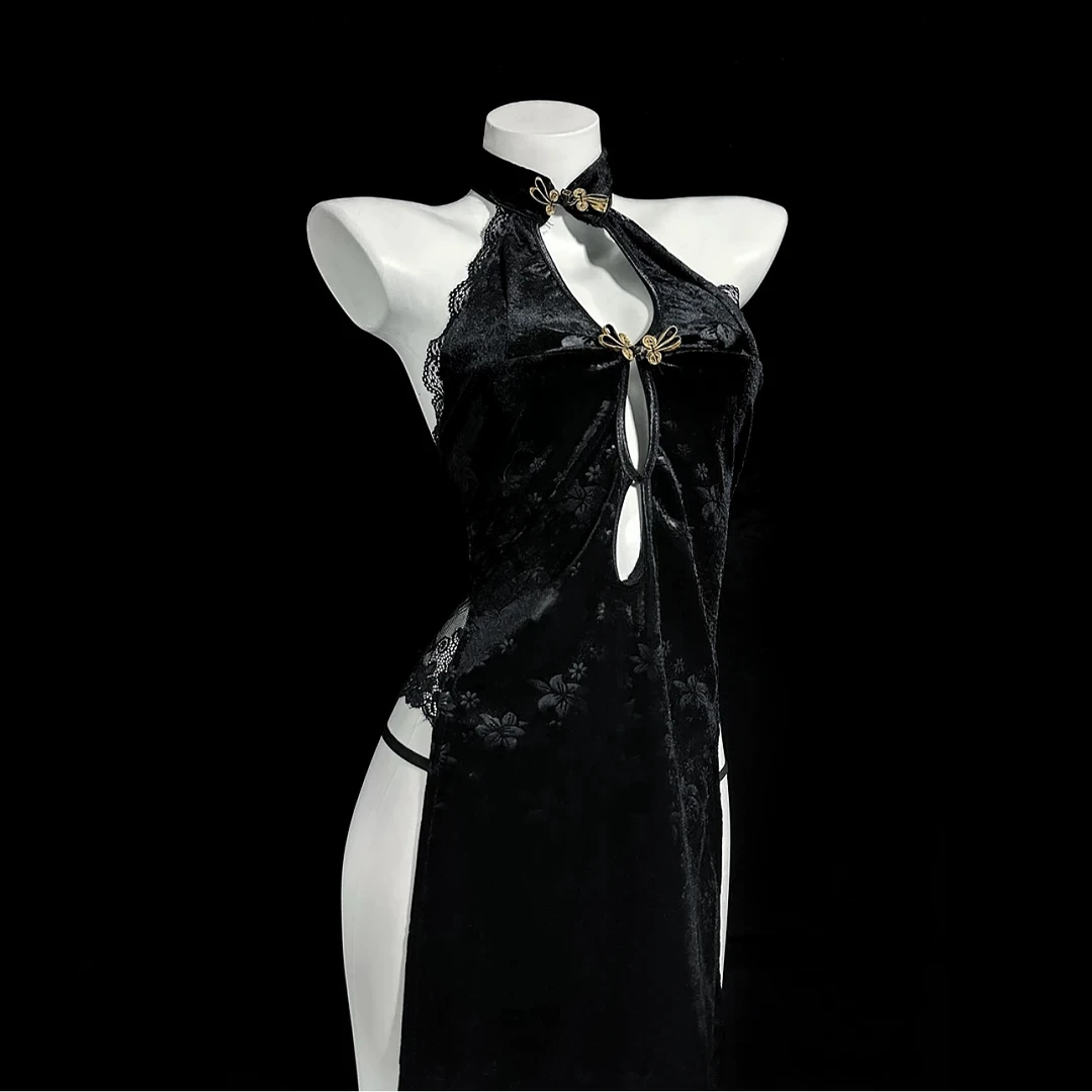 暗夜玫瑰温婉可人性感禁欲系睡衣中式高叉旗袍睡衣蕾丝战袍