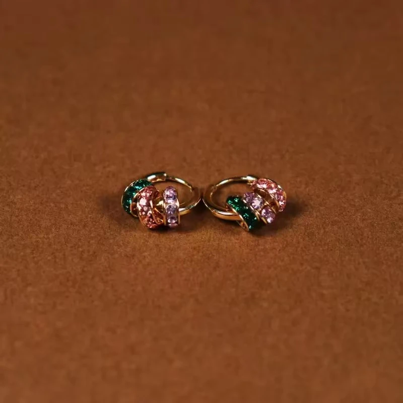黄铜锆石耳饰 【春和景明】法式经典简约百搭三色串珠圈圈耳扣
