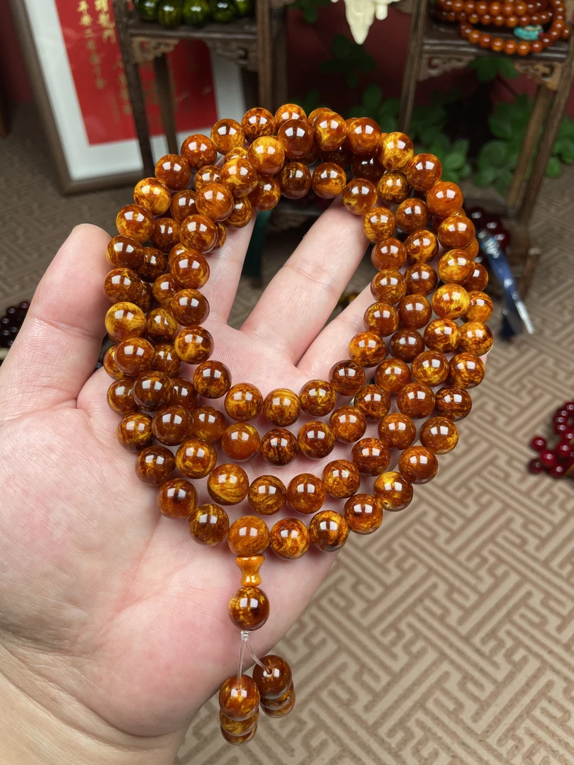 正宗天然（琥珀木）1.0x108颗油脂结晶爆透满瘤疤男女念珠手串