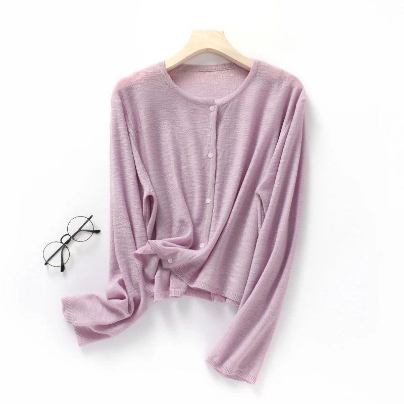 【檀香染】天丝亚麻针织开衫·女士圆领·舒适透气·贝壳扣·高级感拉满