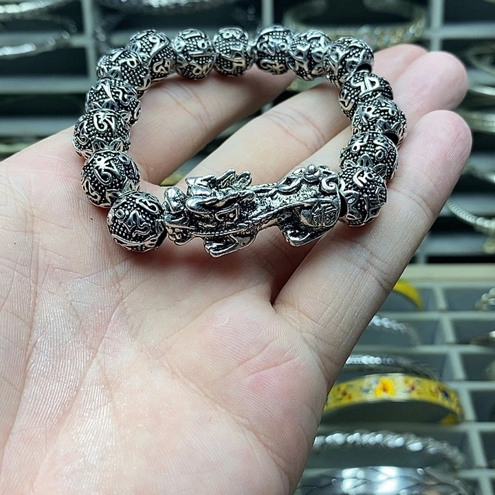 无足银顺**然足银六字箴言貔貅手串