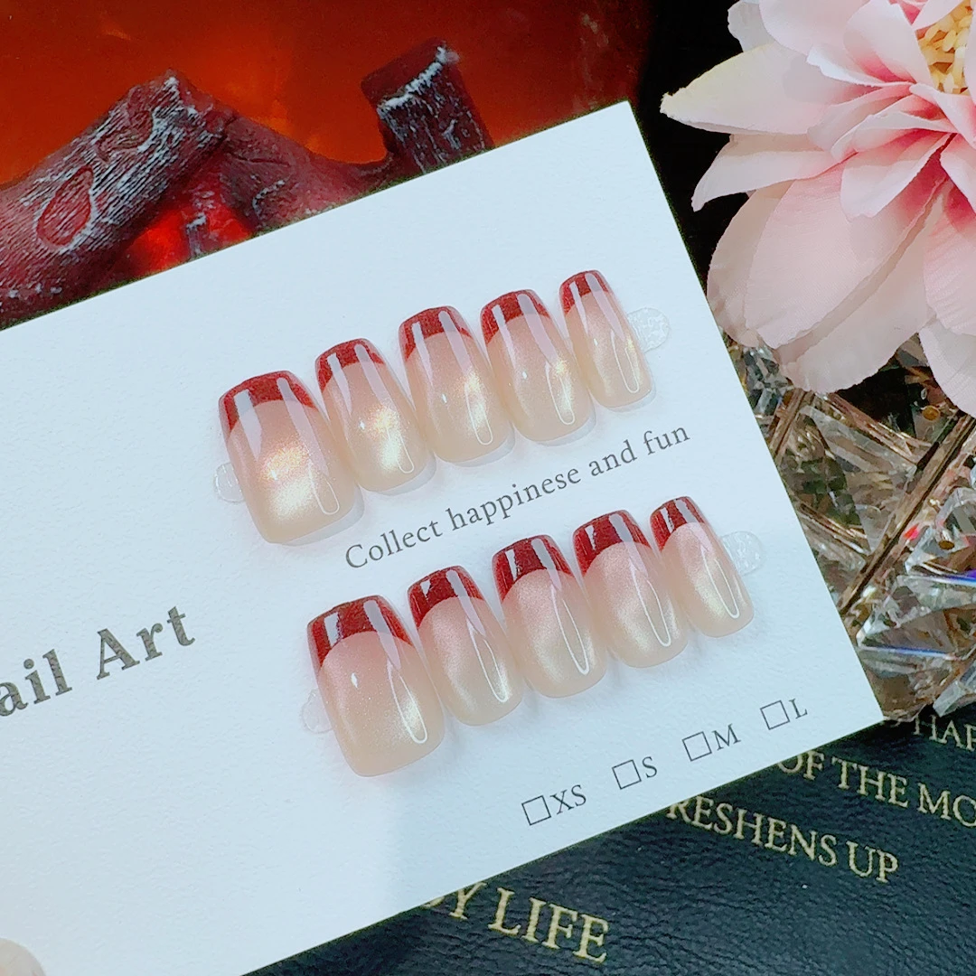 穿戴甲中长款2025新款法式冰透红边美甲贴片手工甲猫眼假指甲贴片