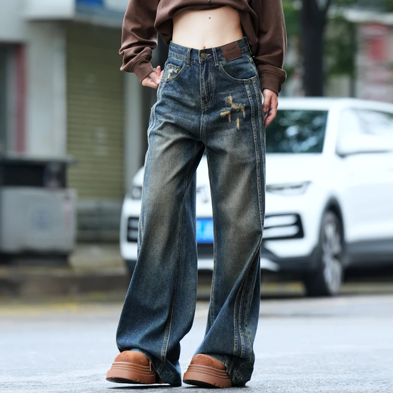怀旧蓝加绒牛仔裤女款爆款2025新款秋冬高腰炸街加厚直筒阔腿裤女