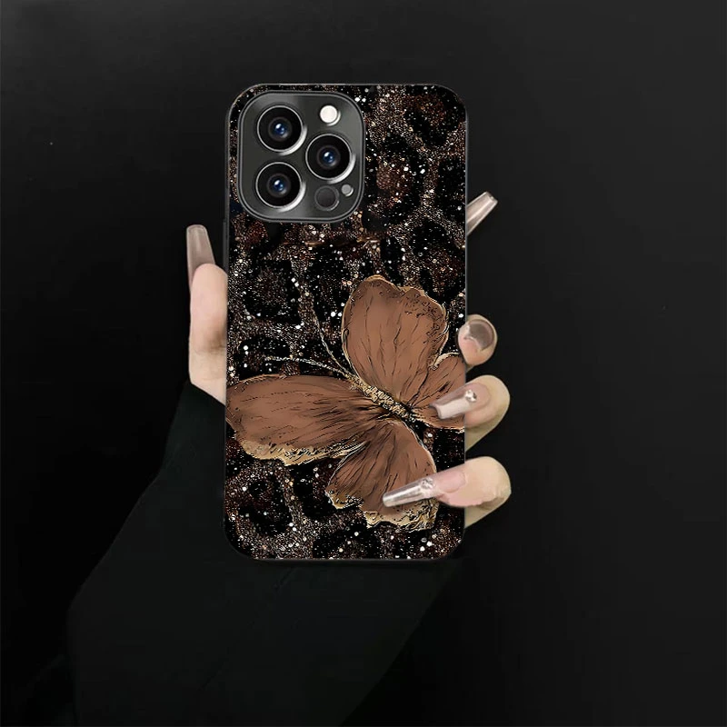 豹纹蝴蝶适用苹果vivo华为oppo小米iPhone17电镀玻璃防摔手机壳