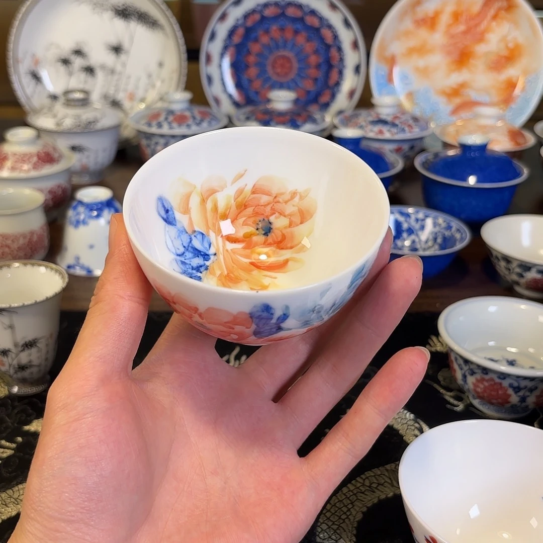 牡丹手绘釉下彩鸡心杯