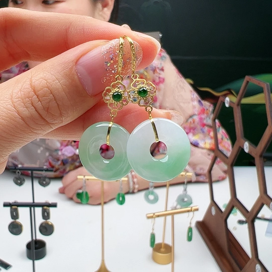 翡翠耳饰18K金镶嵌天然翡翠耳饰18k金镶嵌